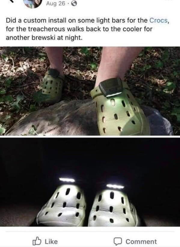 A perfect example of redneck ingenuity, showing LED headlights mounted on a pair of Crocs for walking at night.