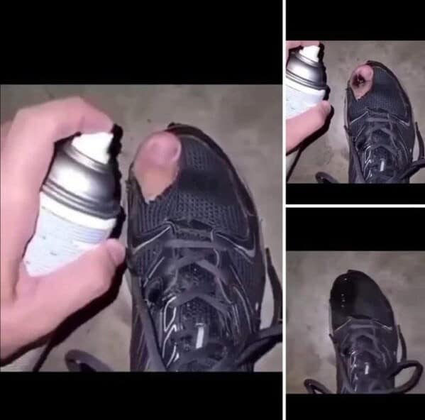 A hilarious example of redneck ingenuity where a person spray-paints their toe black to cover a hole in their shoe.