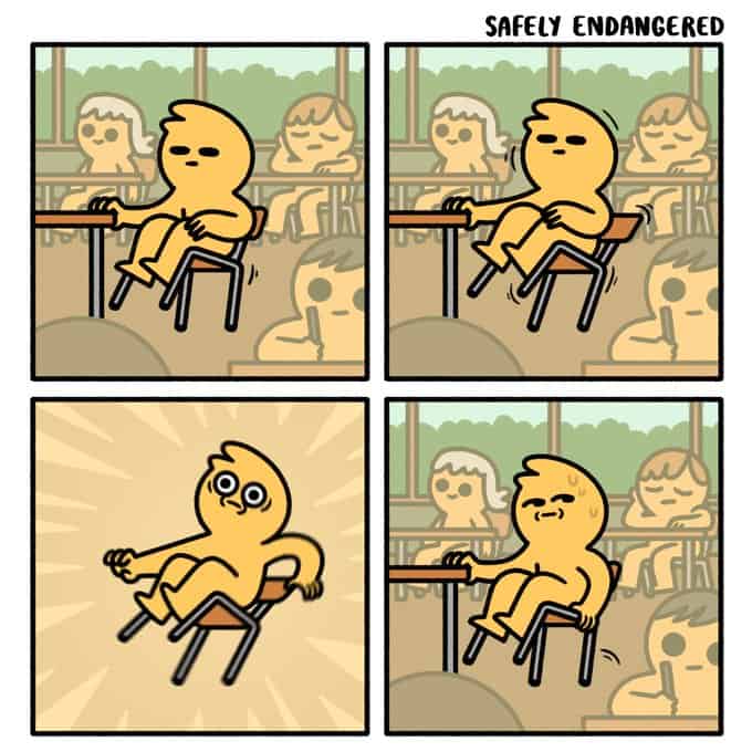 A relatable Safely Endangered comic about the near-death experience of leaning back too far in a chair.