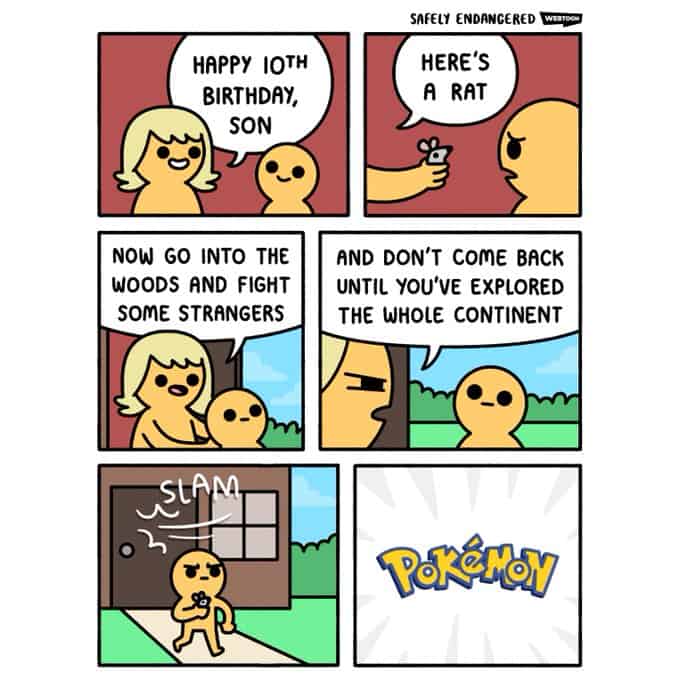 A funny comic strip that deconstructs the strange and dark premise of the Pokémon video games.