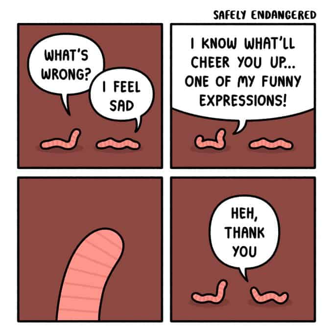A wholesome and funny comic strip where one worm cheers up a sad worm by making a "funny expression."