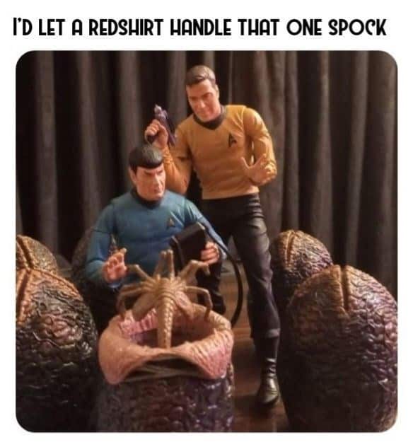 A Star Trek and Alien crossover meme where Kirk lets a redshirt deal with a facehugger.