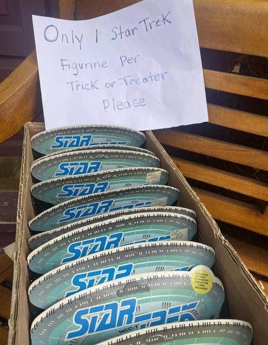 A box of Star Trek collectible toys being given out for Halloween instead of candy.