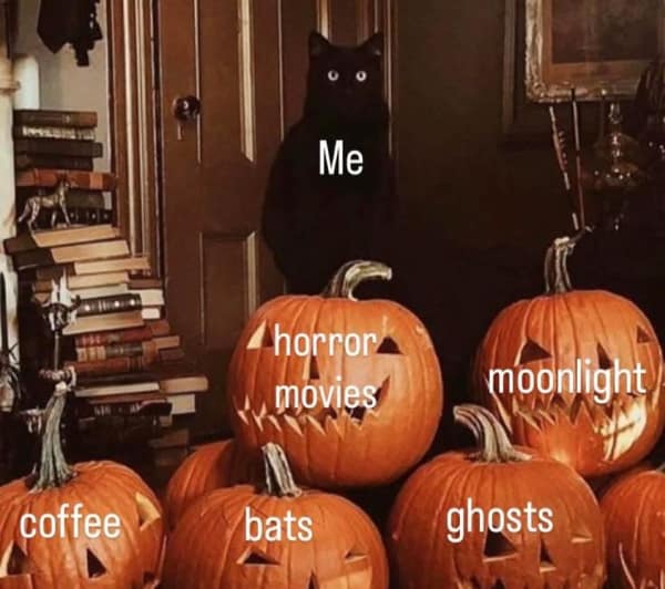 A cute black cat representing "Me" surrounded by jack-o'-lanterns showing the best things about fall.