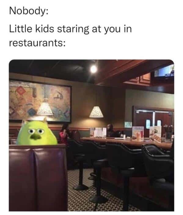 A funny restaurant meme showing how it feels when a little kid stares at you from across the room.