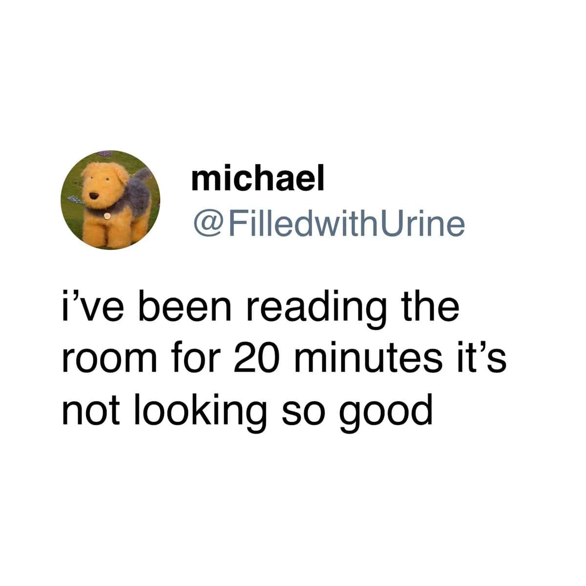 A relatable tweet about social anxiety that jokes about "reading the room" and coming up with bad results.