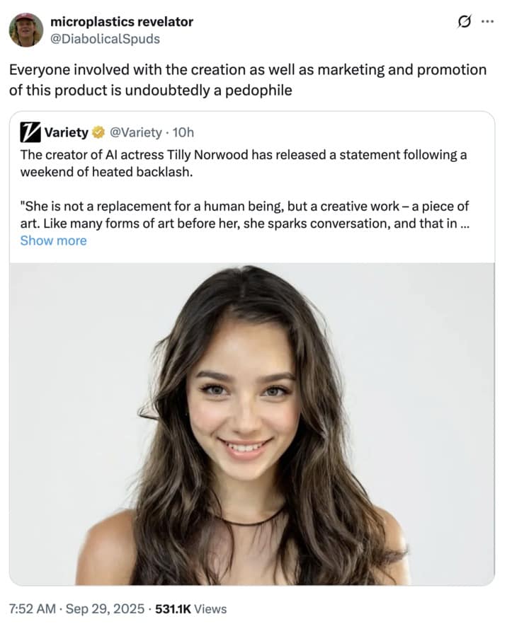 A serious and critical Tilly Norwood meme tweet making a strong accusation about the motives behind the AI actress's creation.