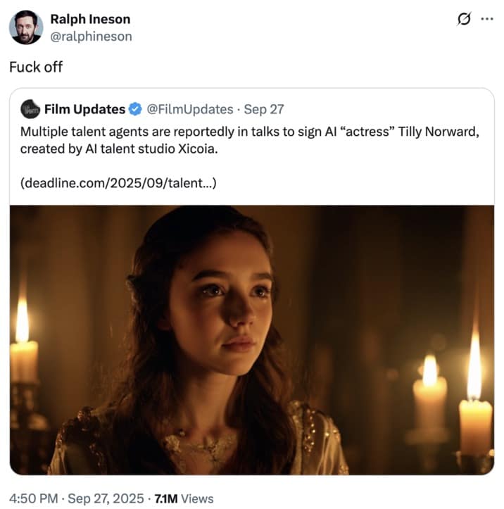 A Tilly Norwood meme showing actor Ralph Ineson's blunt, two-word reaction to the AI actress news.
