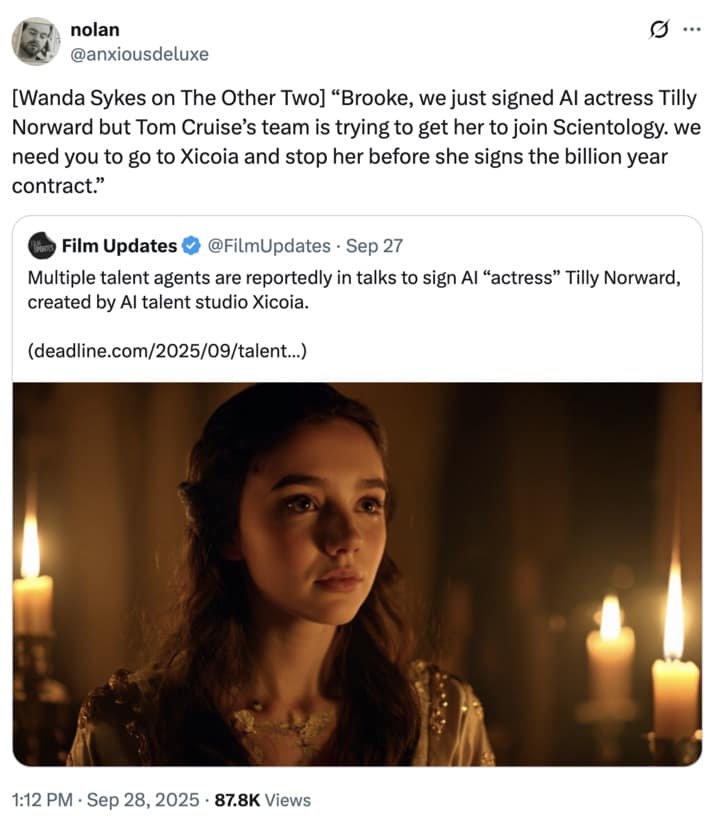 A funny AI actress meme that imagines a plotline for the TV show "The Other Two" involving Tilly Norwood and Scientology.