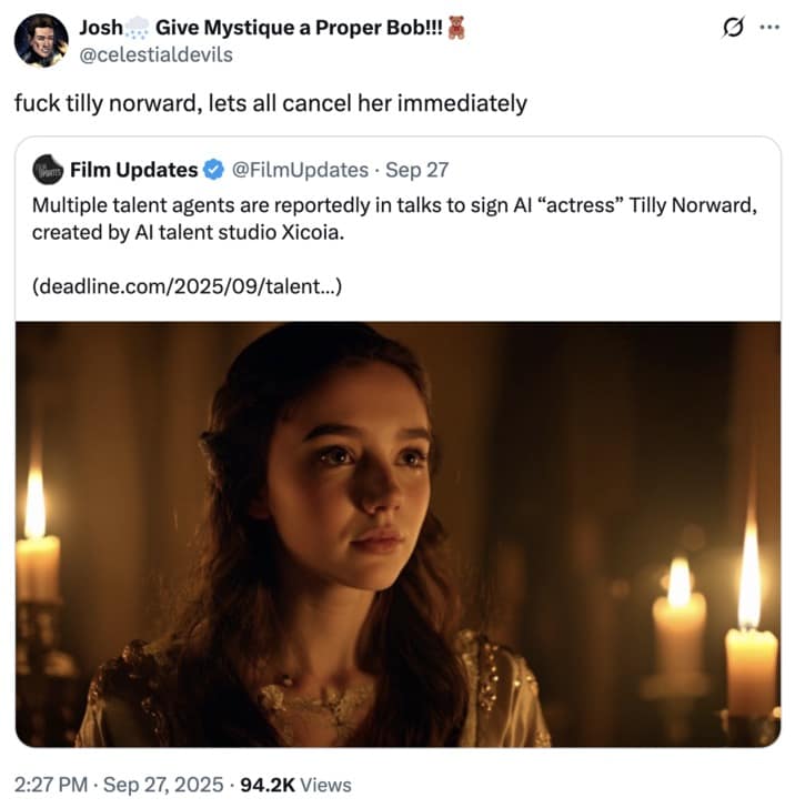 An AI actress meme tweet that says, "f*ck tilly norward, lets all cancel her immediately."