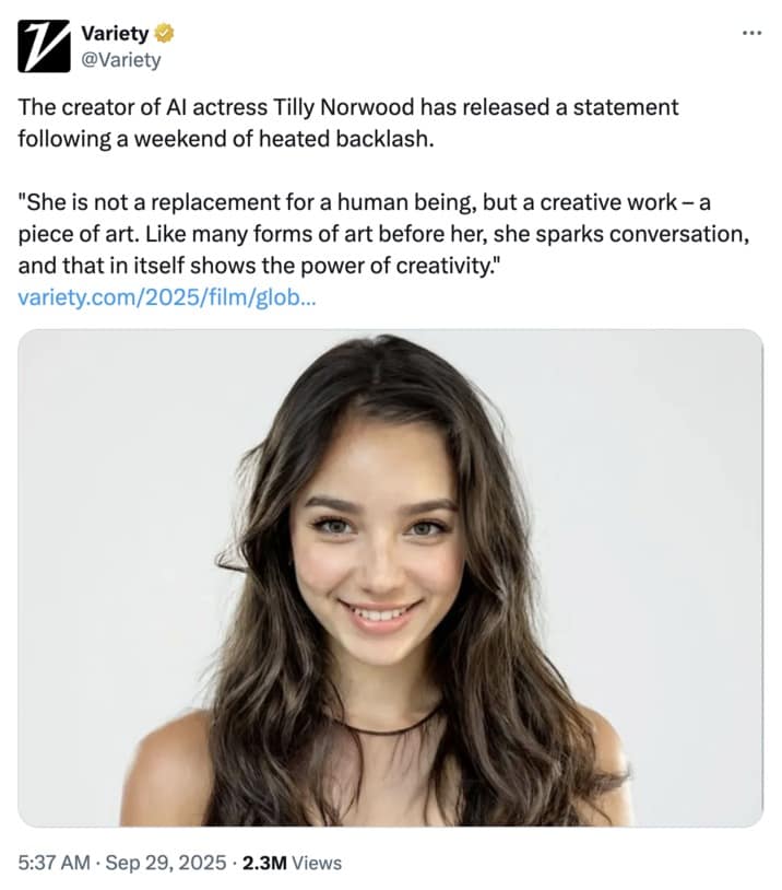 A Tilly Norwood meme showing the Variety article where her creator defends her as a "creative work" and not a replacement for humans.