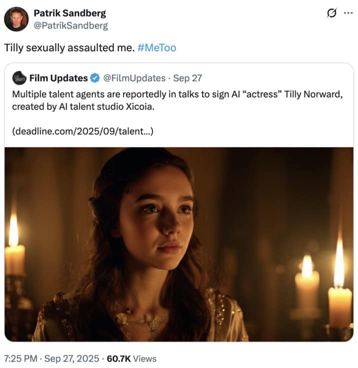 A dark humor Tilly Norwood meme where someone sarcastically uses the #MeToo hashtag in response to the news.