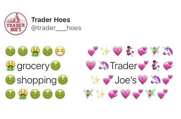 Trader Joes meme using emojis to show the contrast between regular grocery shopping and TJ's.