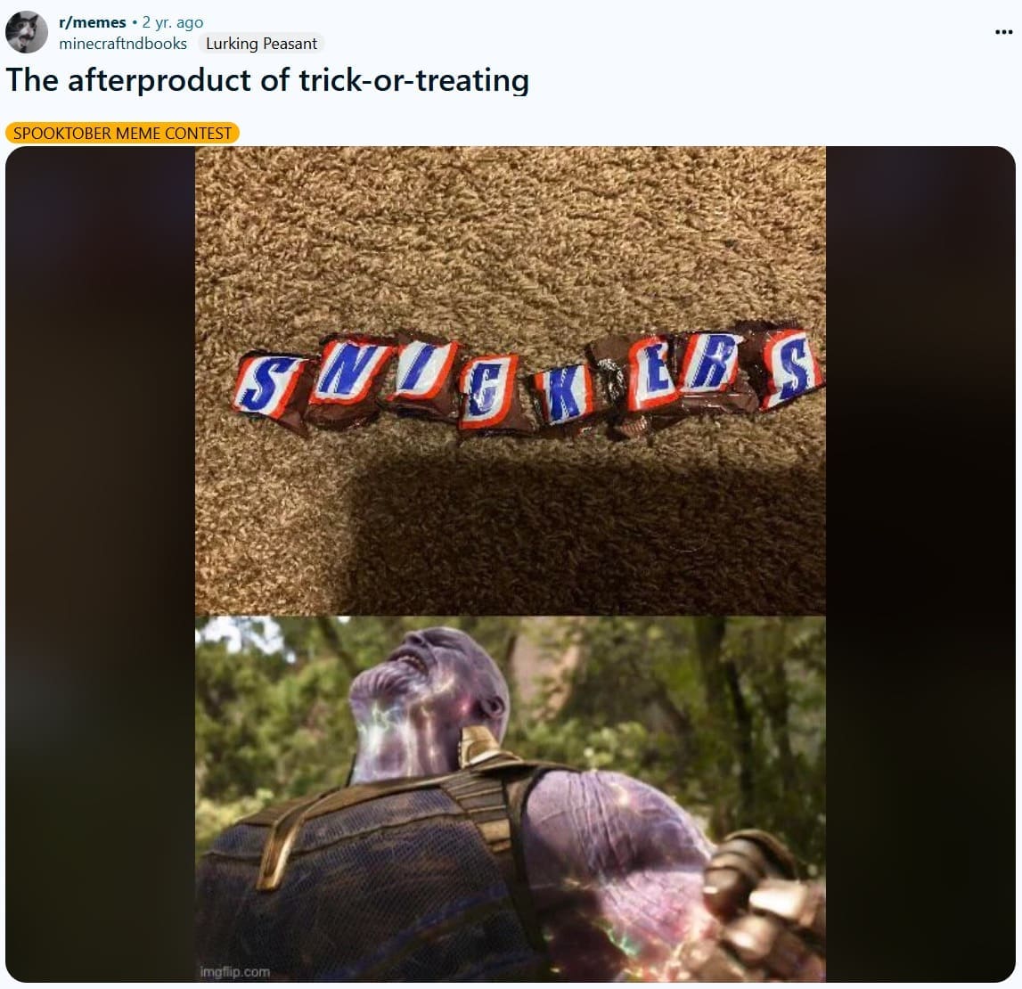 A Marvel trick or treat meme using Thanos to represent collecting all the mini Snickers bars like Infinity Stones.