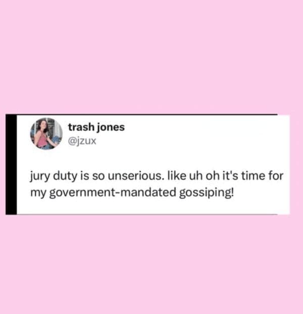A funny tweet that describes jury duty as "government-mandated gossiping" for true crime lovers.
