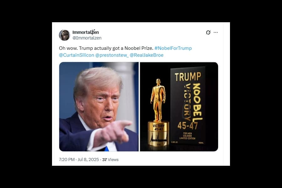 A Trump Nobel Peace Prize meme showing his administration's angry reaction to him losing the 2025 prize to Maria Corina Machado.