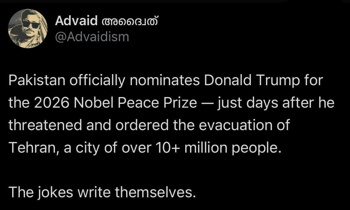 A Trump Nobel Prize meme from a tweet celebrating the fact that he very publicly wanted the award and didn't get it.