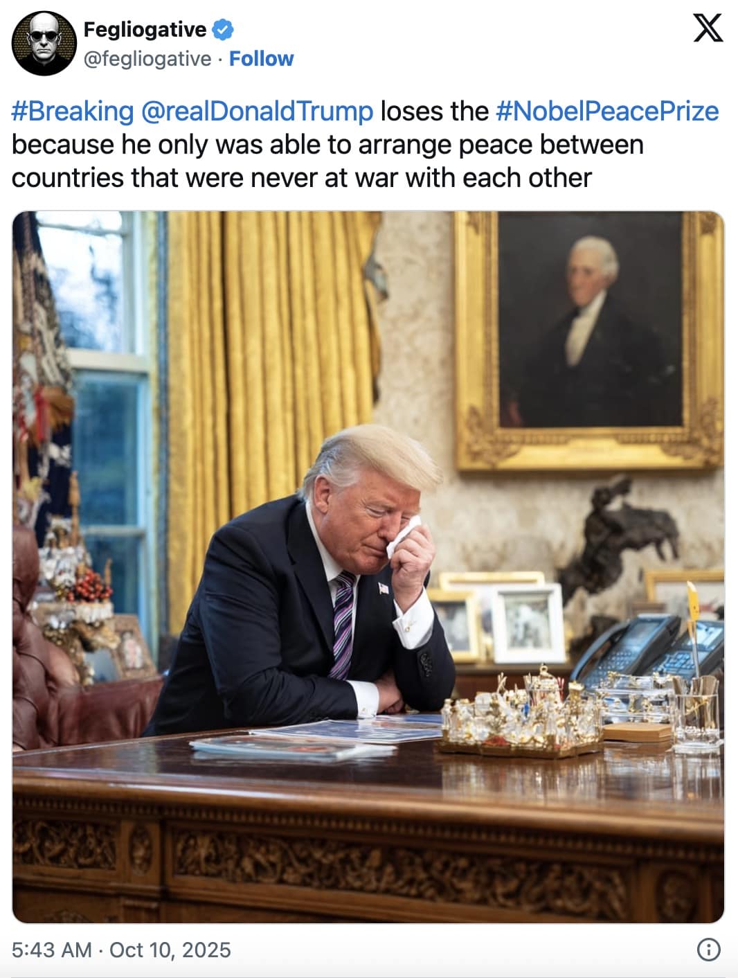 A classic Trump Nobel Peace Prize meme using the "crying man" GIF to represent his reaction to losing.