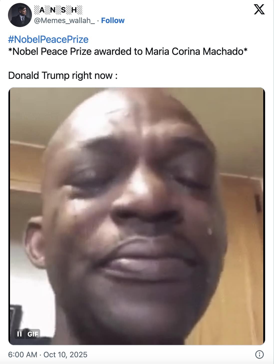 A sarcastic Trump Nobel Peace Prize meme congratulating him for winning the award in a parallel universe.