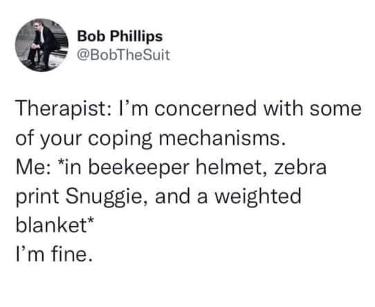 Funny tweet describing bizarre coping mechanisms like a beekeeper helmet and zebra Snuggie in response to a therapist's concern.