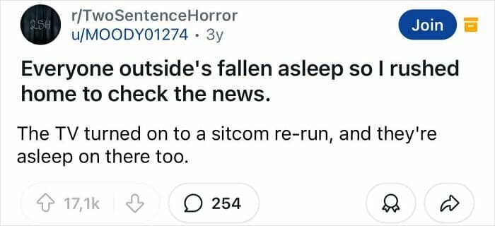 One of the best two sentence horror stories about a mysterious event causing everyone to fall asleep.