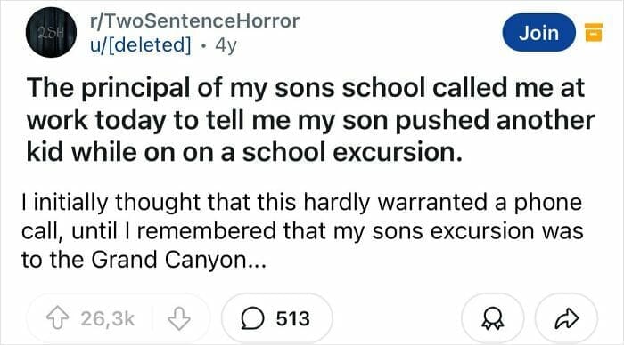 A dark humor two sentence horror story about a kid pushing another kid during a school trip to the Grand Canyon.
