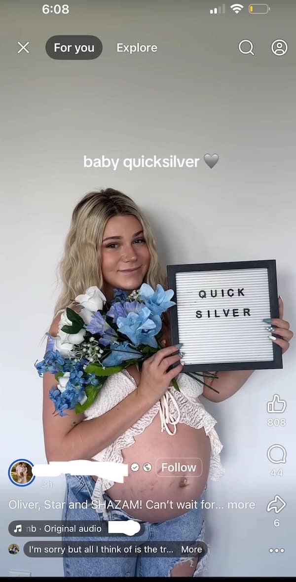 An unfortunate name announcement on TikTok for a baby named "Quicksilver," with siblings named Oliver, Star, and SHAZAM