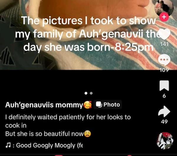 An unfortunate name from a TikTok, "Auh'genauvii," which is a creative spelling of the name Genevieve