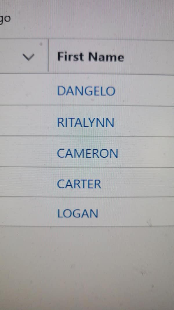 An unfortunate name, "Ritalynn," shown on a list of first names on a computer screen.