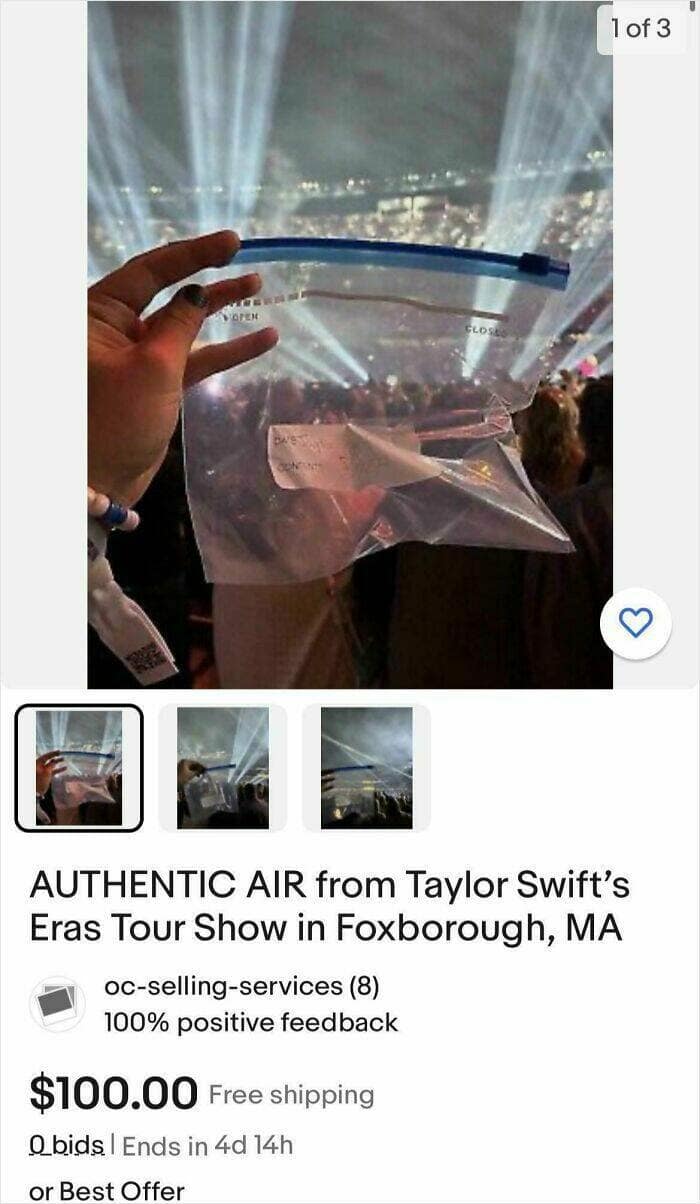 A funny eBay listing for a plastic bag of "authentic air" from a Taylor Swift concert.