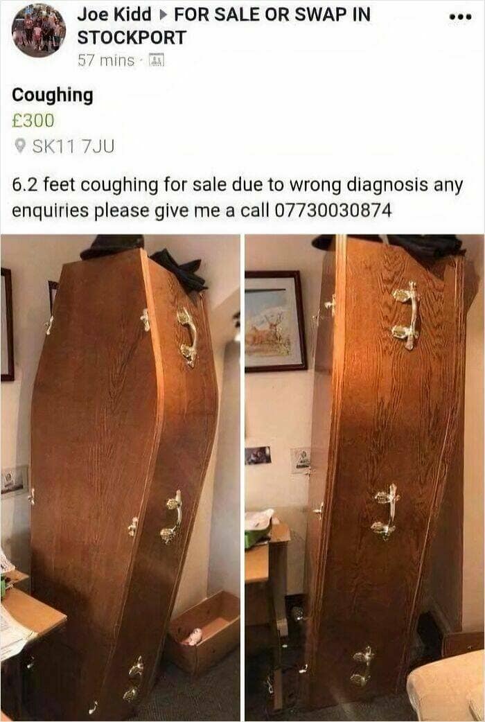 A Facebook marketplace listing for a "coughing" (coffin) being sold due to a wrong diagnosis.