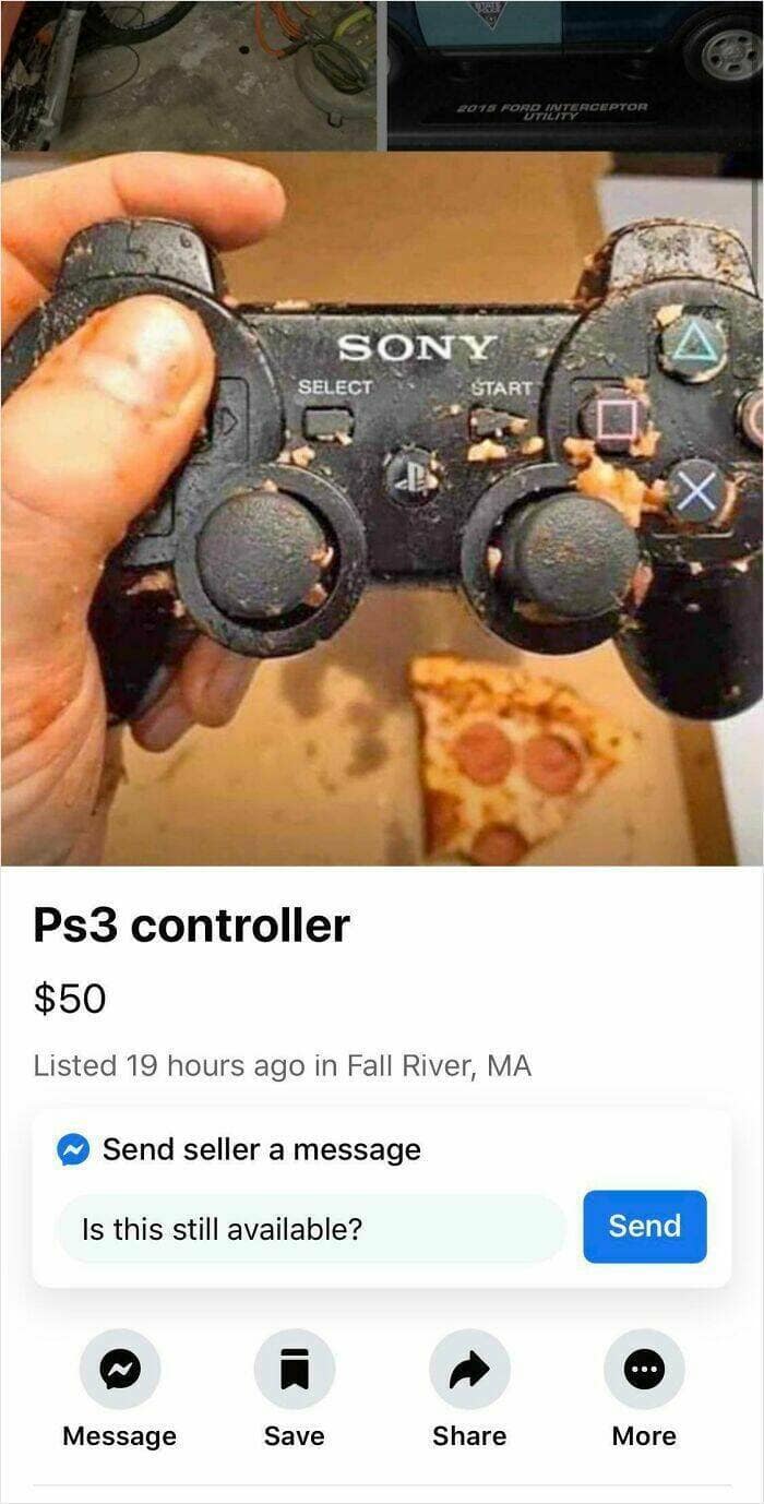 A Facebook Marketplace listing for a disgusting, food-covered PS3 controller for fifty dollars.