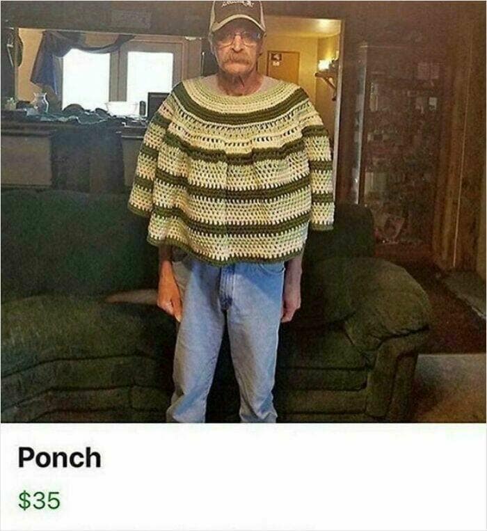 A funny online listing of an older man modeling a crocheted poncho, simply titled "Ponch."