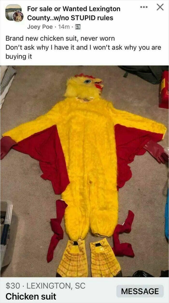 A funny marketplace listing for a brand new chicken suit with a very mysterious backstory.