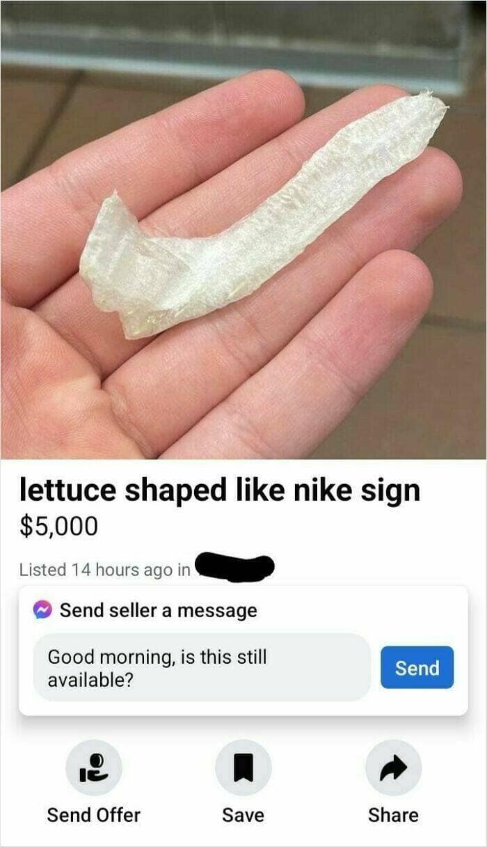 A marketplace listing for a piece of lettuce shaped like the Nike logo, priced at $5,000.