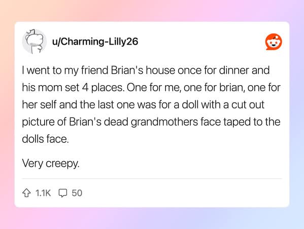 Reddit story about a creepy dinner party where a doll represented a dead grandmother.