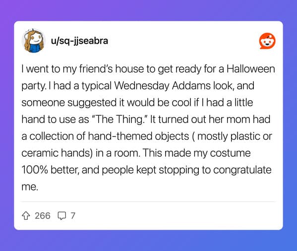 Reddit story about finding a room full of hand-themed objects, perfect for a Halloween costume.