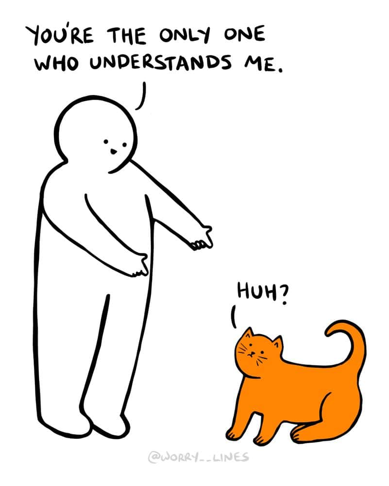 A wholesome comic where a person tells their confused-looking cat, "You're the only one who understands me."