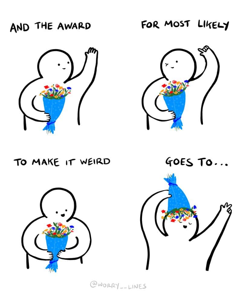 A funny comic strip showing a character winning the award for "Most Likely to Make It Weird."