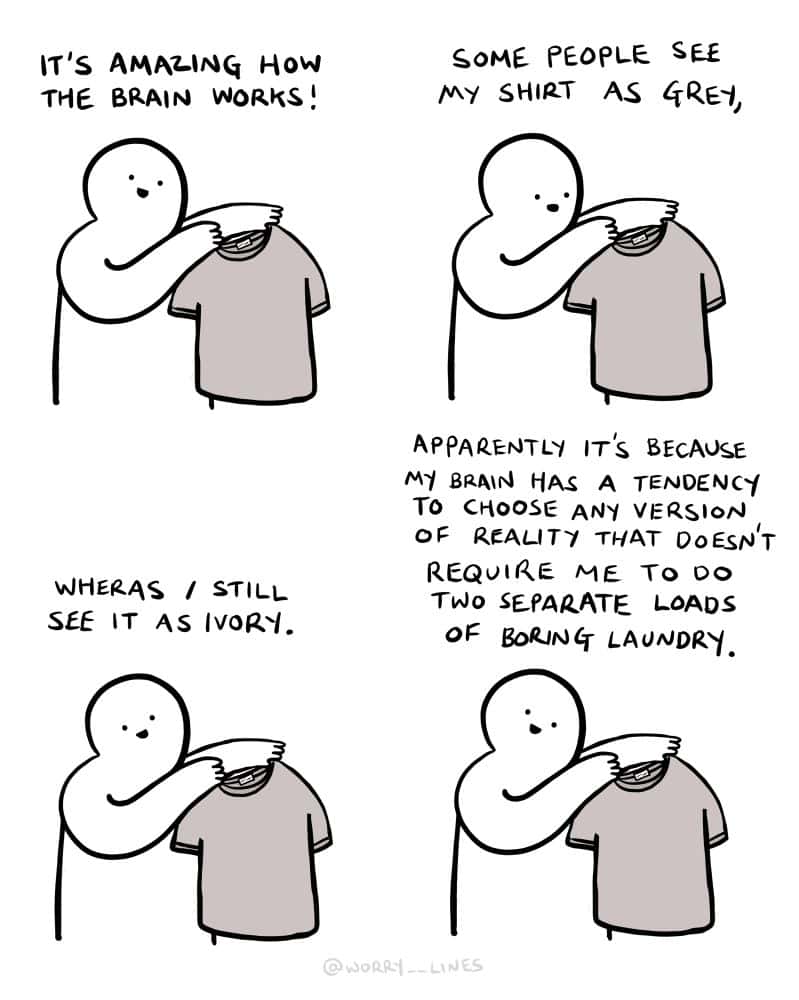 A funny comic strip about the brain using strategic colorblindness to avoid doing an extra load of laundry.