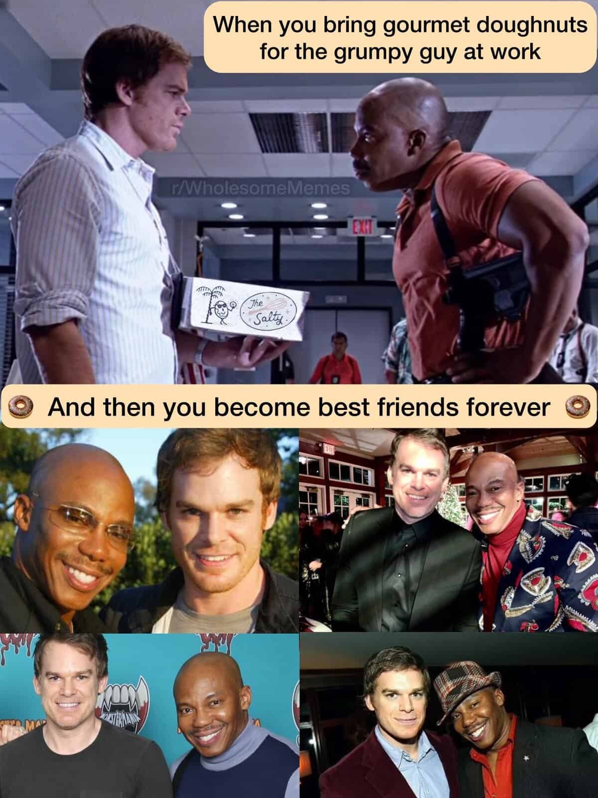 A wholesome meme showing the on-screen rivalry and off-screen friendship between actors Michael C. Hall and Erik King from the show Dexter.