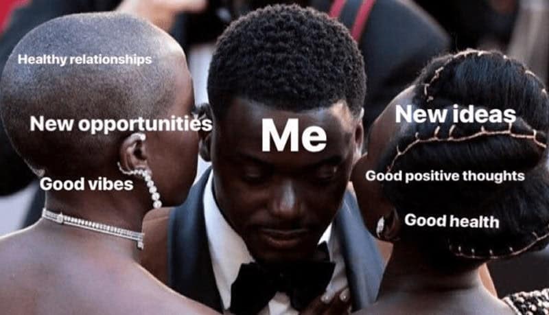A happy meme using a picture of Daniel Kaluuya at an awards show to represent being surrounded by positivity.
