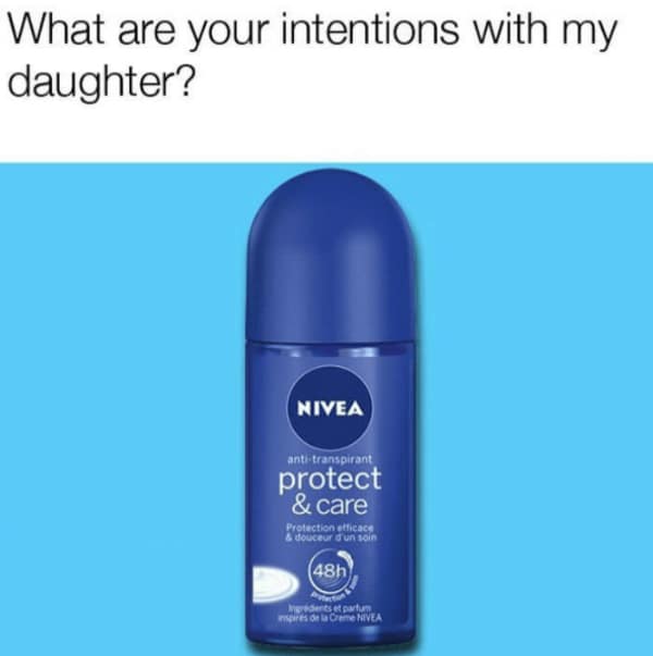 A funny wholesome meme using Nivea deodorant to answer a father's question.