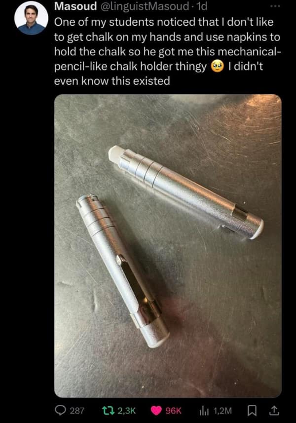 A heartwarming meme about a student's thoughtful gift of a chalk holder for their teacher.