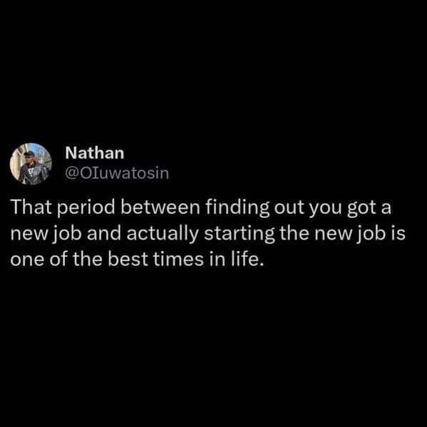 A work meme tweet celebrating the blissful, stress-free period between finding out you got a new job and actually starting it.