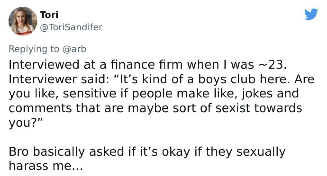 A shocking worst job interview story about a blatantly sexist question from a finance firm.