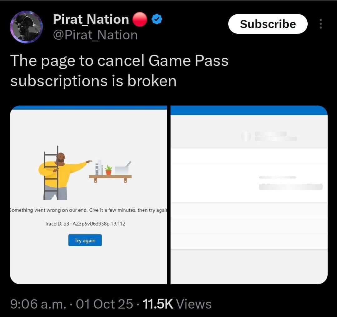 An Xbox Game Pass meme showing that the page to cancel subscriptions is conveniently broken after the price hike announcement.