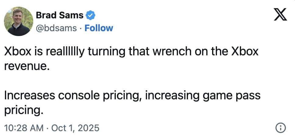 A funny Xbox Game Pass meme from a journalist summarizing Microsoft's recent strategy of increasing all their prices.