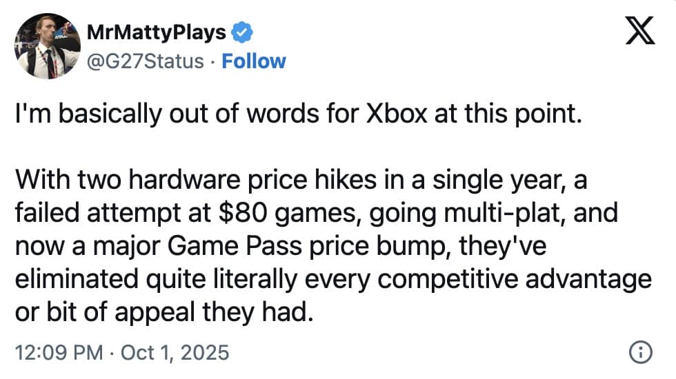 A tweet from a gaming personality listing all of Xbox's recent missteps, culminating in the Game Pass price bump.