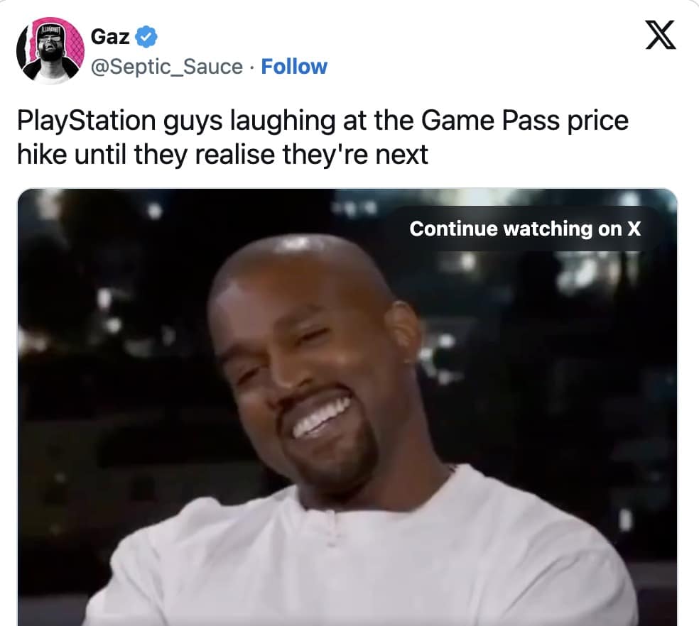 A console war Xbox Game Pass meme showing PlayStation fans laughing, with the implication that they're next for a price hike.